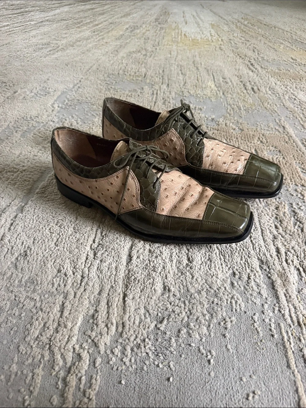 Stacy Adams Exotic Ostrich Croc Embossed Dress Oxfords Shoe Green Beige 10.5